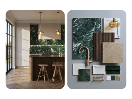 Interior design moodboard created using AI KBB rendering software