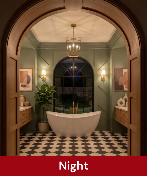 Night-time bathroom render produced with AI KBB rendering software