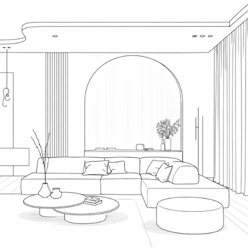 Interior sketch uploaded for AI KBB inspiration transfer rendering