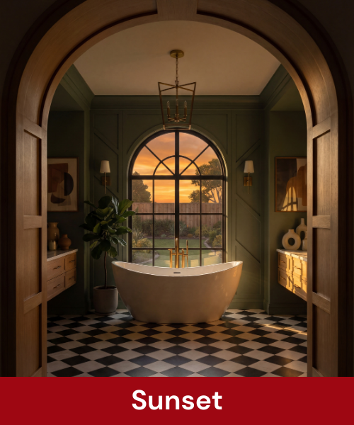 Sunset interior visual generated by AI KBB rendering software.