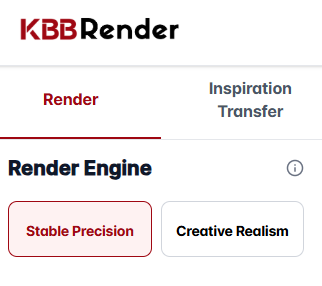 AI KBB rendering engine selection interface showing Render Engine, Stable Precision and Creative Realism modes