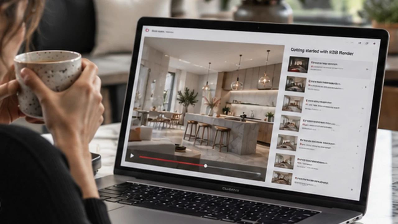 KBB Render platform tutorials showing an interior-rendering workstation
