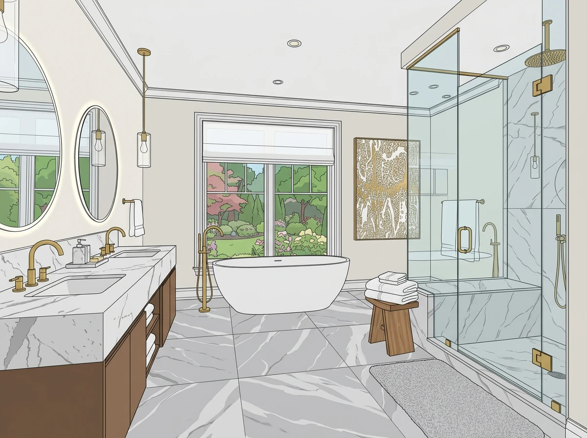 Cartoon-style CAD bathroom input showing the original layout and fixtures