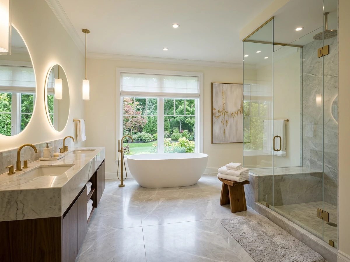 Photorealistic bathroom output with marble finishes and natural lighting