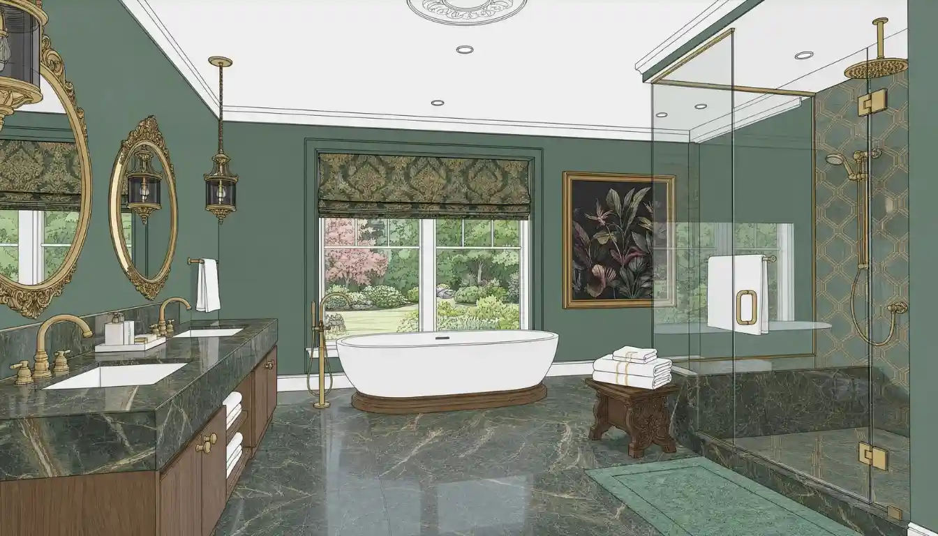 Clean green bathroom cartoon CAD-style input with readable room geometry