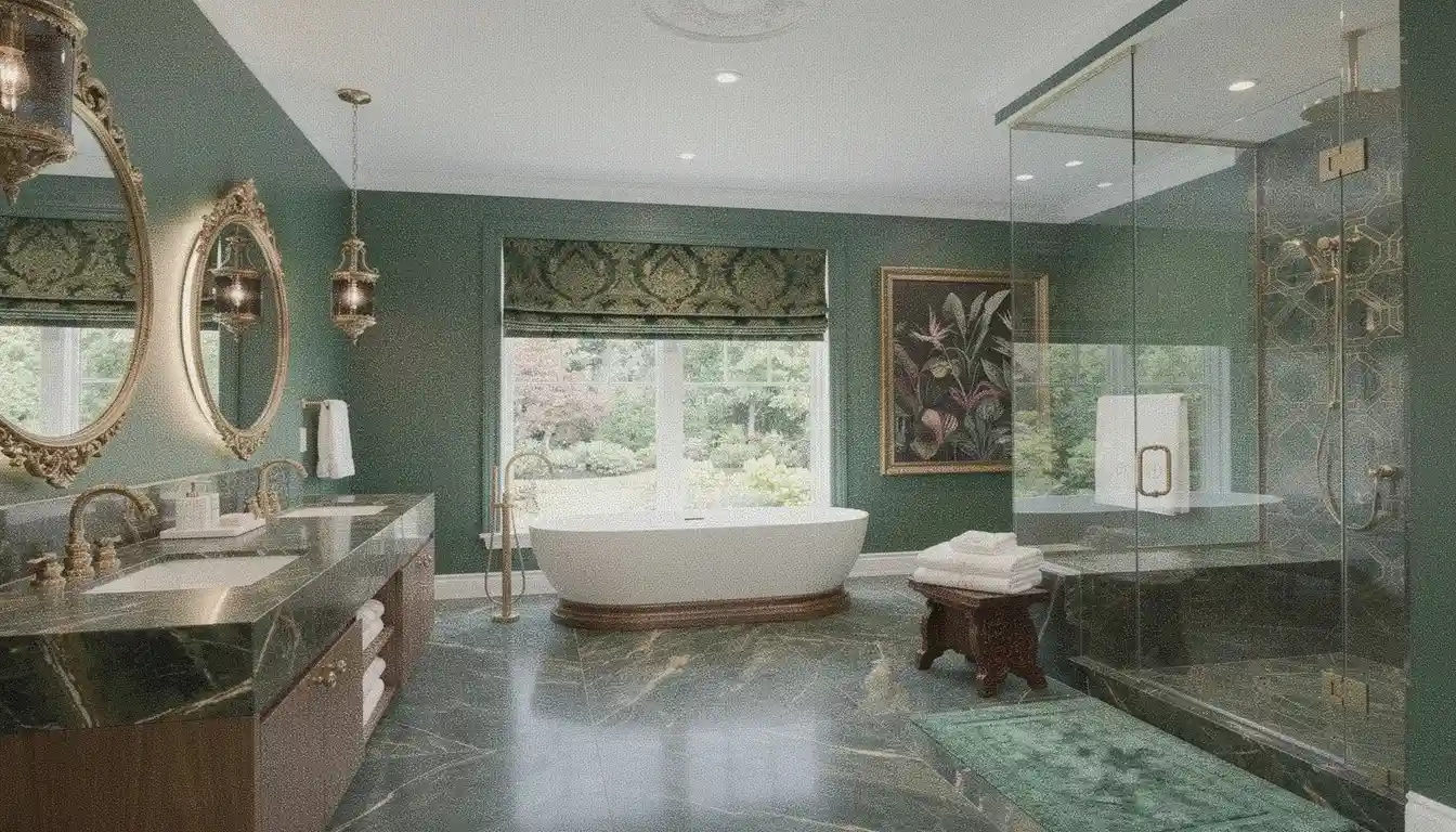 Low-quality grainy green bathroom source example showing insufficient visual detail
